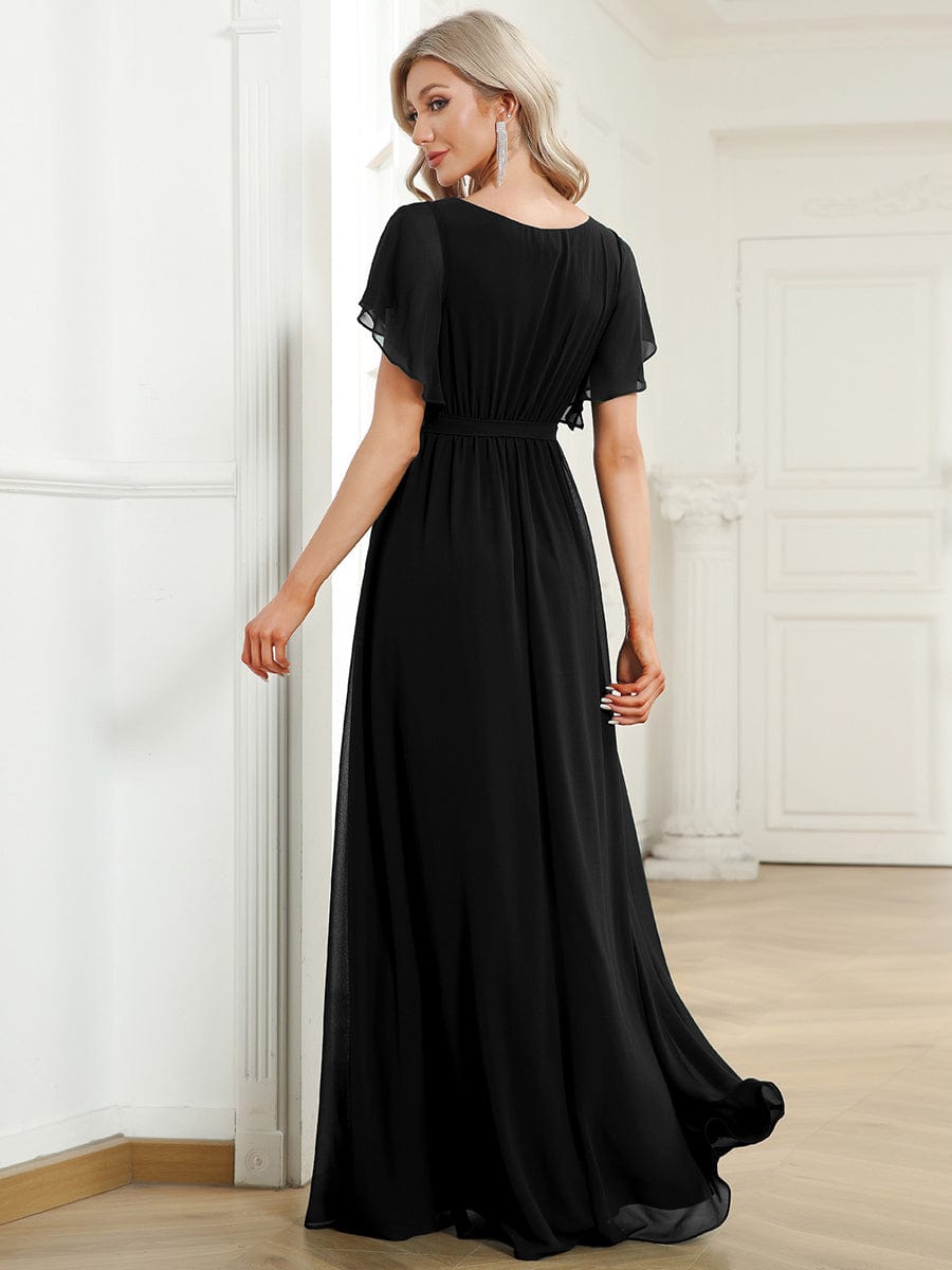 A-Line Bridesmaid Gown Featuring V-Neck and Ruffled Sleeves