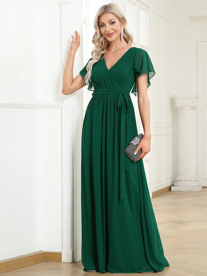 A-Line Bridesmaid Gown Featuring V-Neck and Ruffled Sleeves