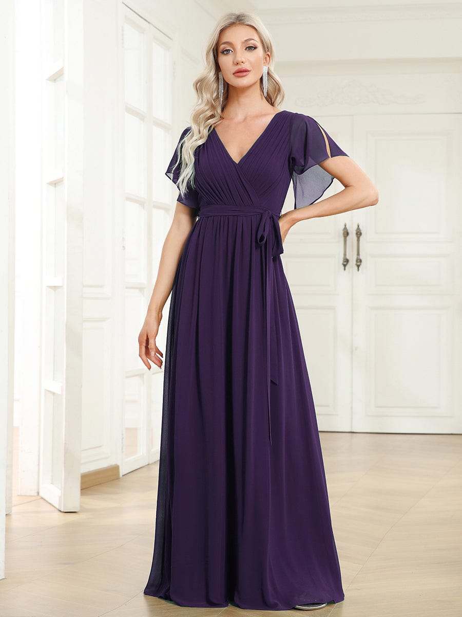 A-Line Bridesmaid Gown Featuring V-Neck and Ruffled Sleeves