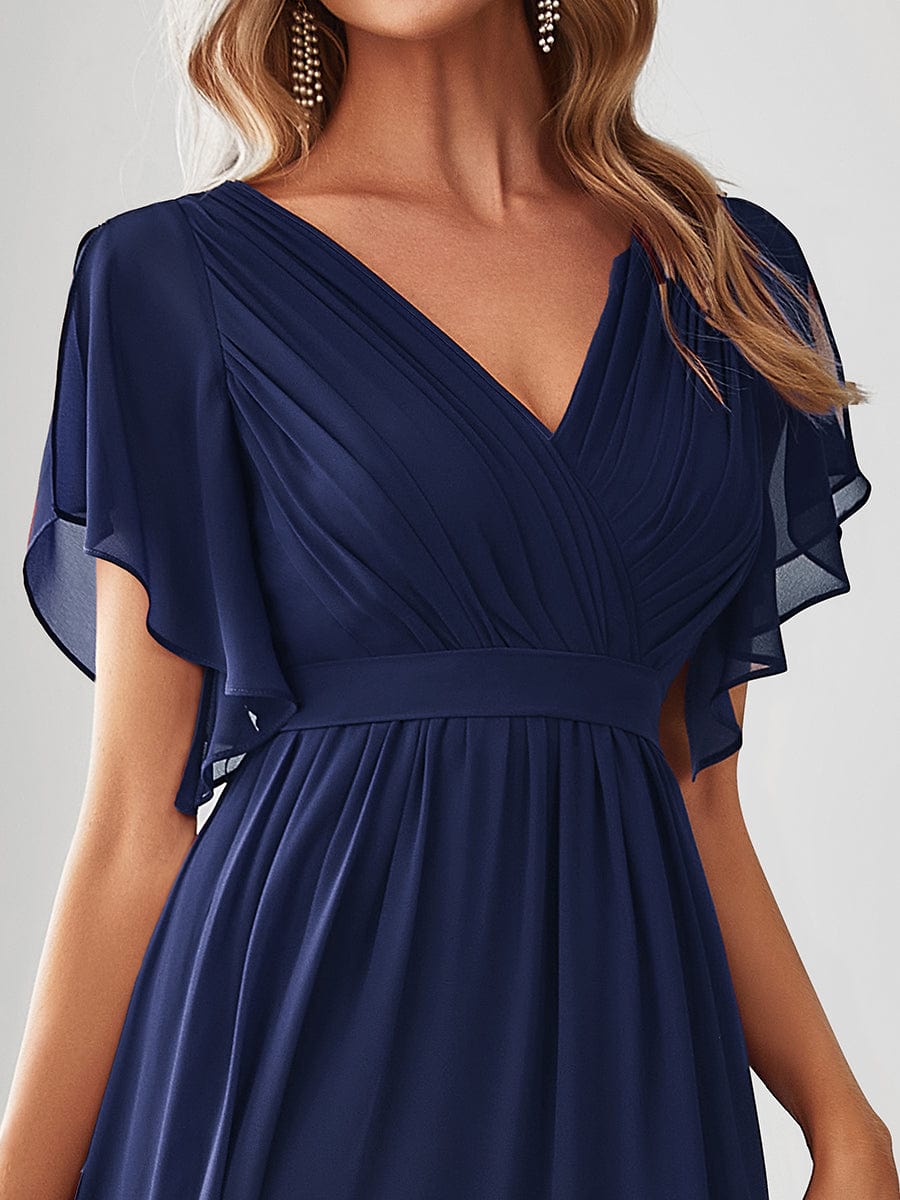 A-Line Bridesmaid Gown Featuring V-Neck and Ruffled Sleeves