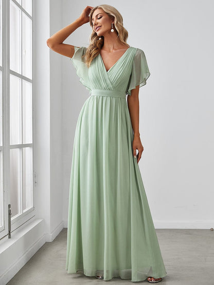 A-Line Bridesmaid Gown Featuring V-Neck and Ruffled Sleeves