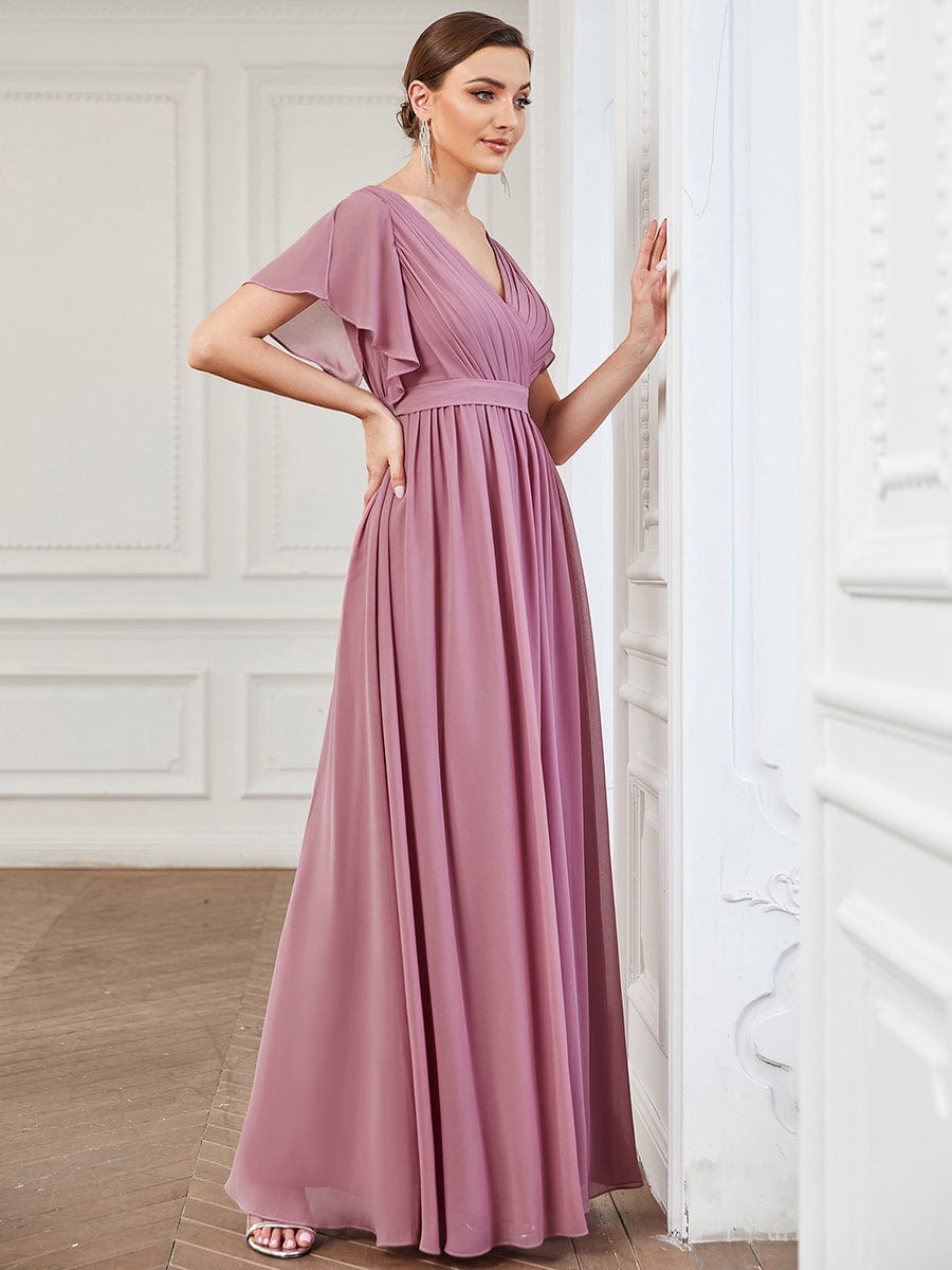 A-Line Bridesmaid Gown Featuring V-Neck and Ruffled Sleeves