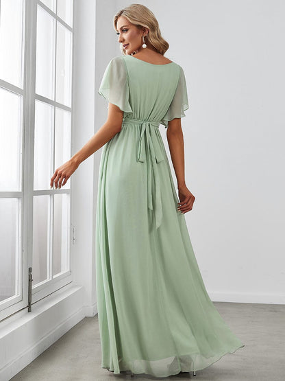 A-Line Bridesmaid Gown Featuring V-Neck and Ruffled Sleeves