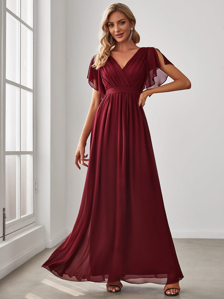 A-Line Bridesmaid Gown Featuring V-Neck and Ruffled Sleeves