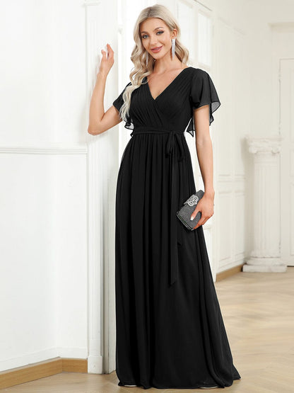 A-Line Bridesmaid Gown Featuring V-Neck and Ruffled Sleeves