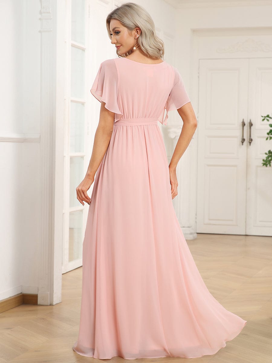 A-Line Bridesmaid Gown Featuring V-Neck and Ruffled Sleeves