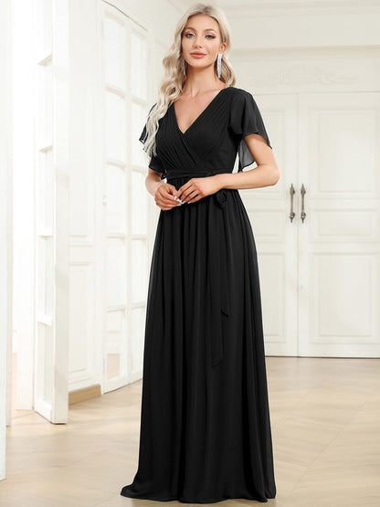 A-Line Bridesmaid Gown Featuring V-Neck and Ruffled Sleeves