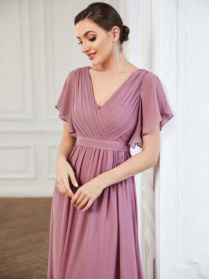 A-Line Bridesmaid Gown Featuring V-Neck and Ruffled Sleeves