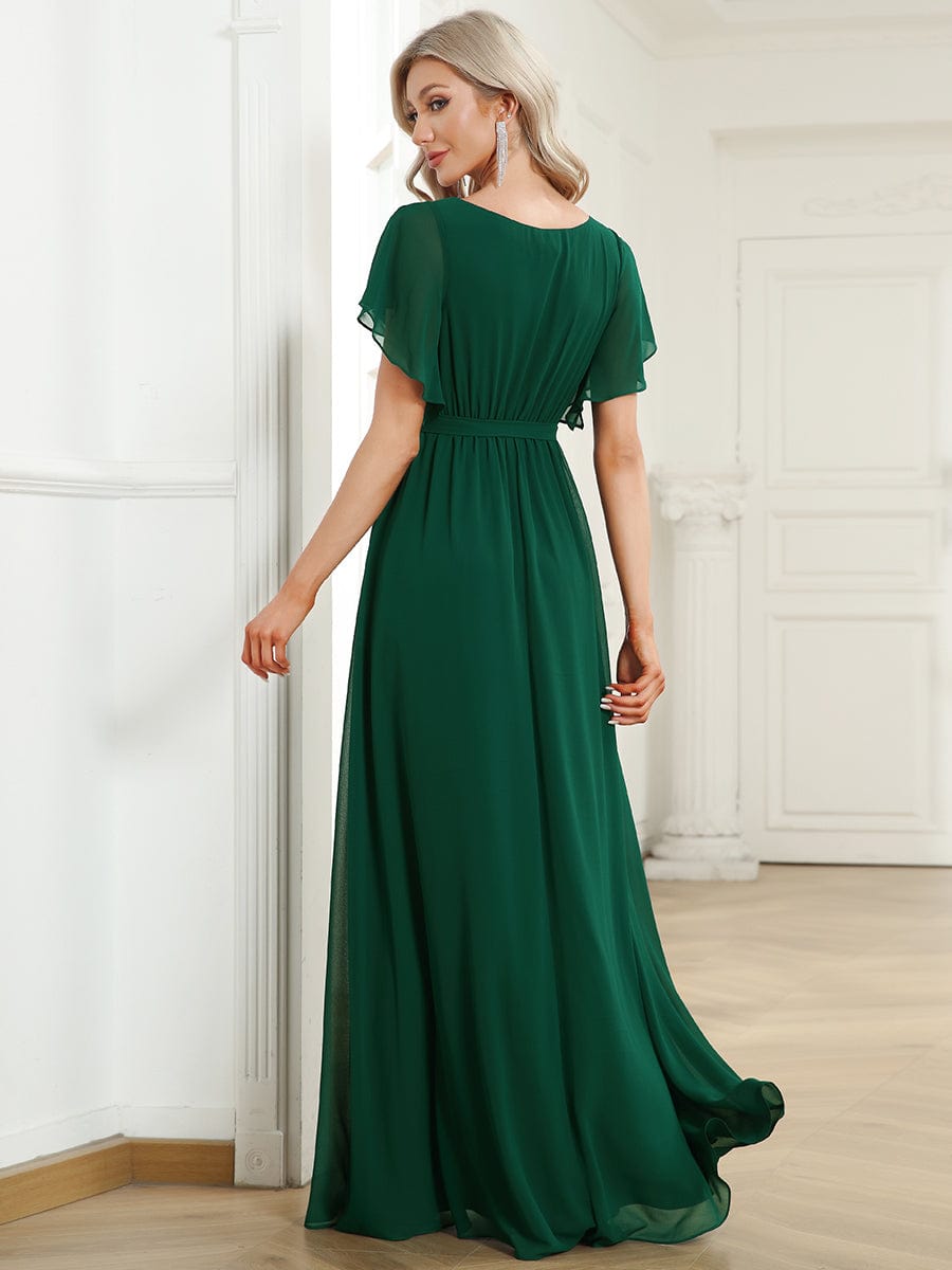 A-Line Bridesmaid Gown Featuring V-Neck and Ruffled Sleeves