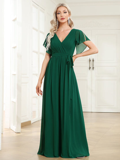 A-Line Bridesmaid Gown Featuring V-Neck and Ruffled Sleeves