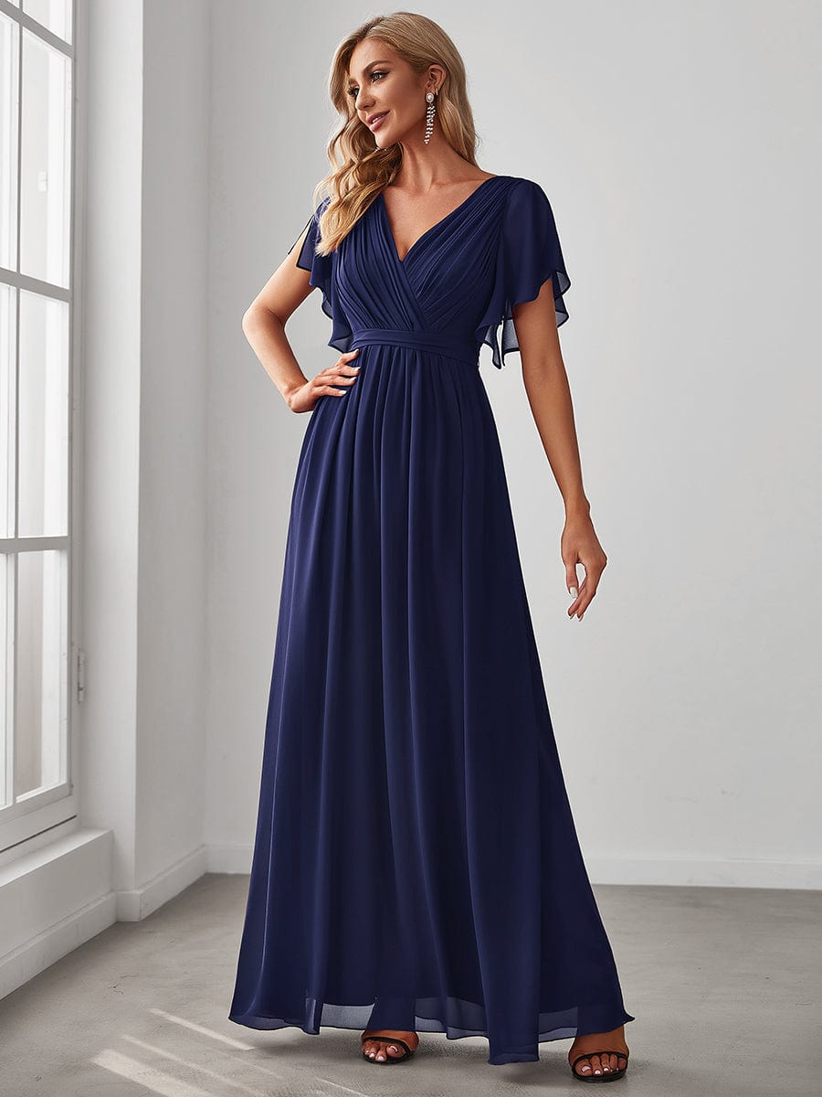 A-Line Bridesmaid Gown Featuring V-Neck and Ruffled Sleeves