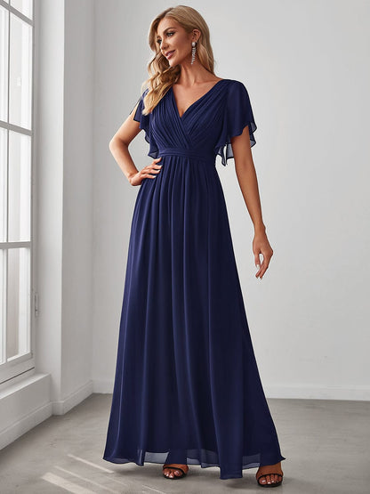 A-Line Bridesmaid Gown Featuring V-Neck and Ruffled Sleeves