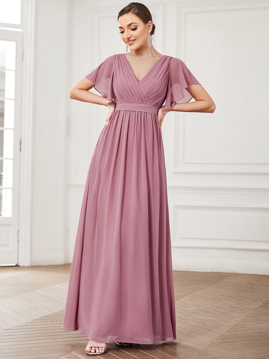 A-Line Bridesmaid Gown Featuring V-Neck and Ruffled Sleeves