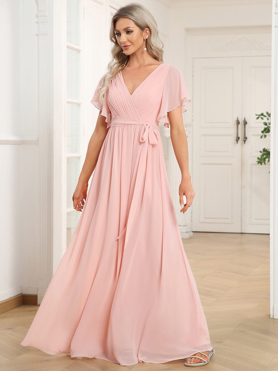 A-Line Bridesmaid Gown Featuring V-Neck and Ruffled Sleeves