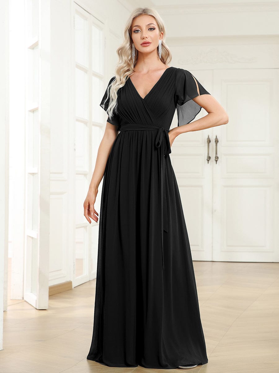 A-Line Bridesmaid Gown Featuring V-Neck and Ruffled Sleeves