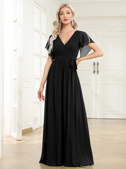 A-Line Bridesmaid Gown Featuring V-Neck and Ruffled Sleeves