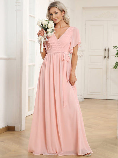 A-Line Bridesmaid Gown Featuring V-Neck and Ruffled Sleeves