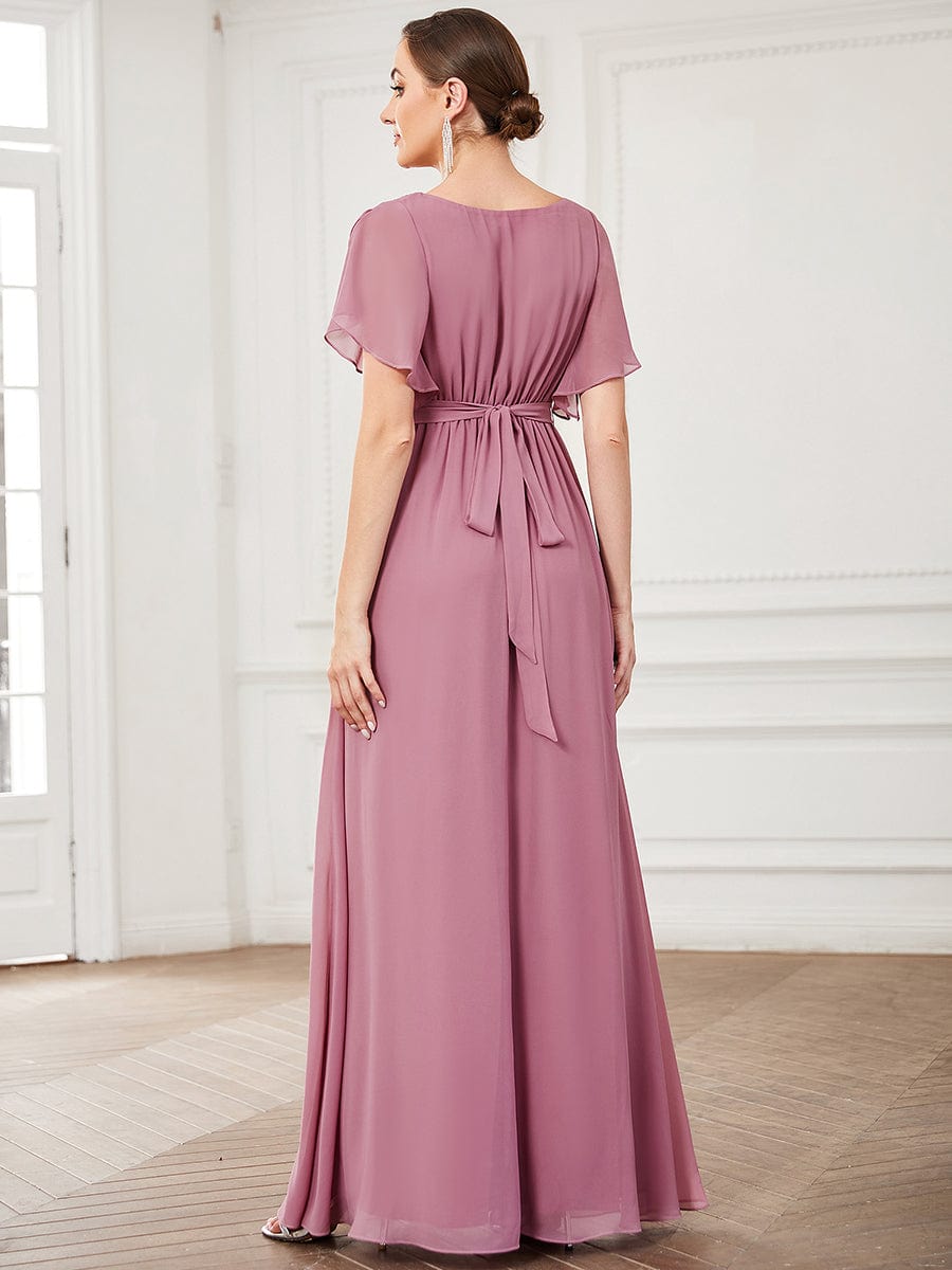 A-Line Bridesmaid Gown Featuring V-Neck and Ruffled Sleeves