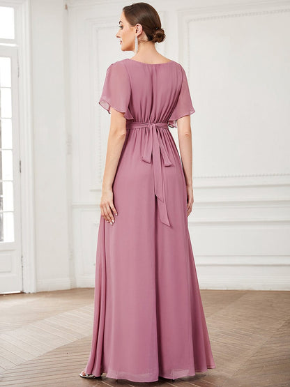 A-Line Bridesmaid Gown Featuring V-Neck and Ruffled Sleeves