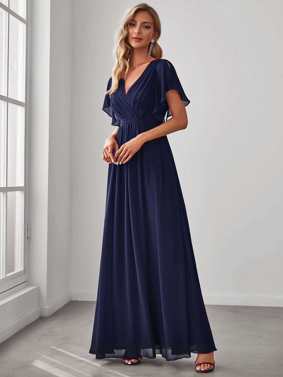 A-Line Bridesmaid Gown Featuring V-Neck and Ruffled Sleeves