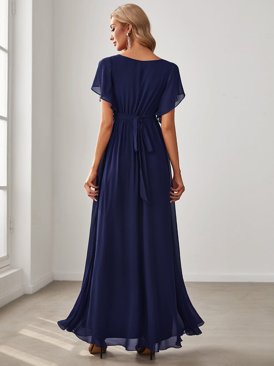 A-Line Bridesmaid Gown Featuring V-Neck and Ruffled Sleeves