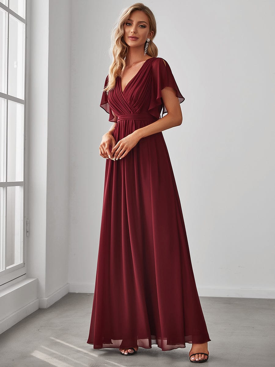 A-Line Bridesmaid Gown Featuring V-Neck and Ruffled Sleeves