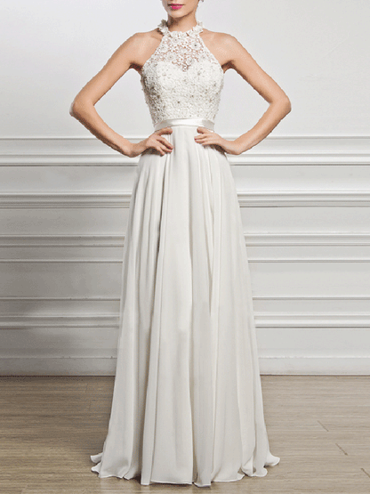 A-Line Scoop Neck Floor-Length Chiffon Lace Bridesmaid Dress With Split Front - LuckyFash™