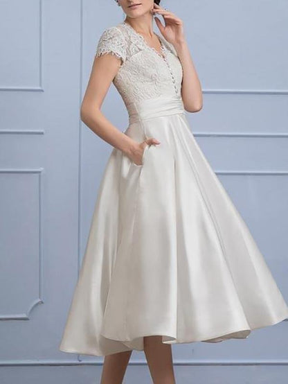 A-Line/Princess V-neck Tea-Length Satin Wedding Dress With Ruffle Pockets - LuckyFash™