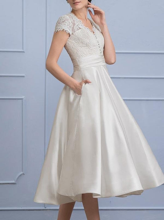 A-Line/Princess V-neck Tea-Length Satin Wedding Dress With Ruffle Pockets for Women