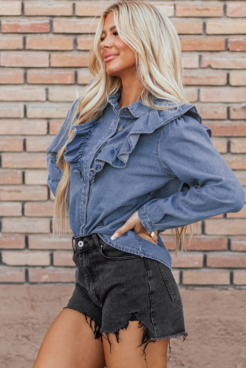 Dusk Blue Denim Ruffled Casual Top