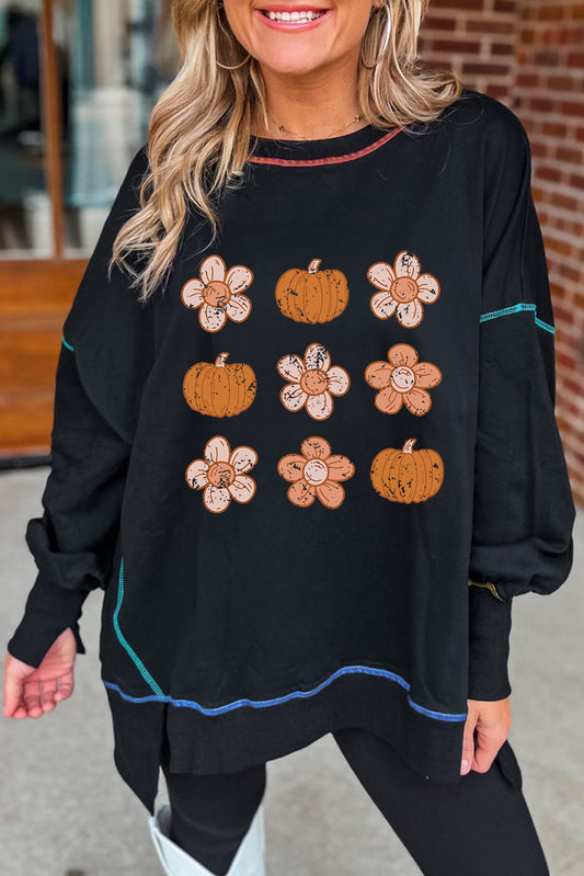 Black Floral Pumpkin Graphic Split Lantern Sleeve Seamed Sweatshirt