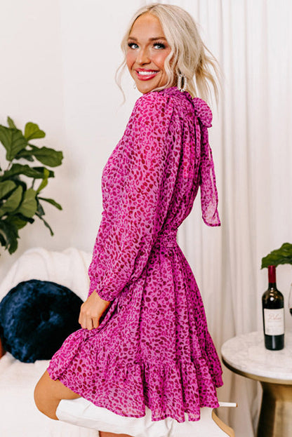 Rose Leopard Puff Sleeve Knotted High Neck Ruffle Dress