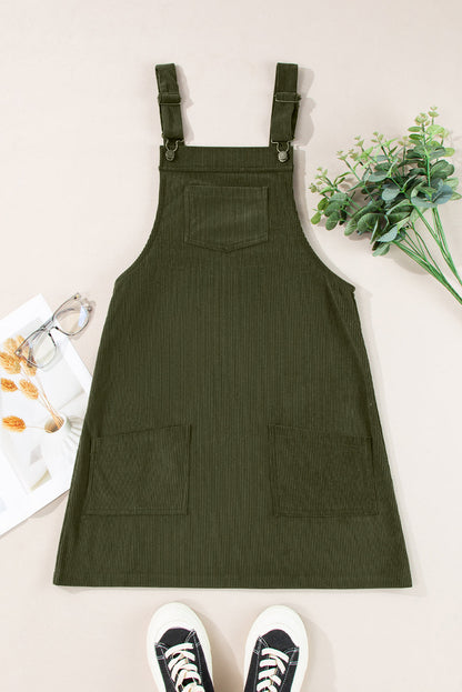 Vineyard Green Solid Front Pockets Sleeveless Corduroy Overall Dress