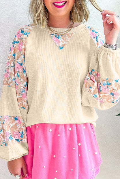 Apricot Textured Floral Patchwork Balloon Sleeve Blouse