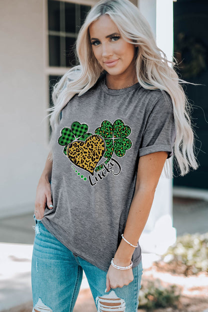 Gray Leopard Plaid Heart Clover Graphic T Shirt