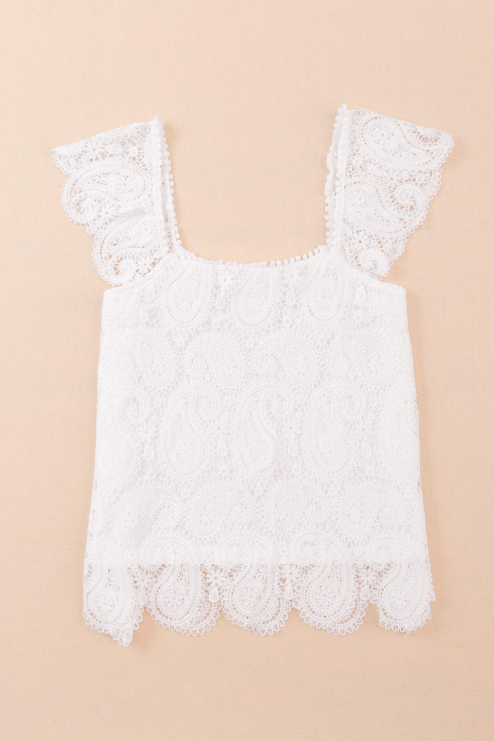 White Lace Crochet Ruffled Square Neck Tank Top