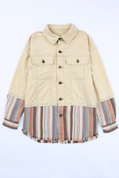 Button Up Pockets Striped Color Block Corduroy Jacket