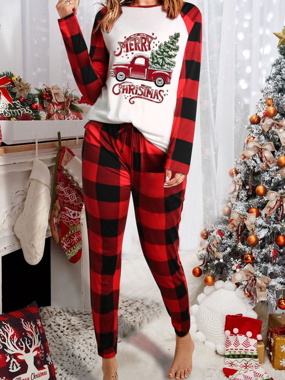 Cozy Red Plaid Christmas Lounge Set