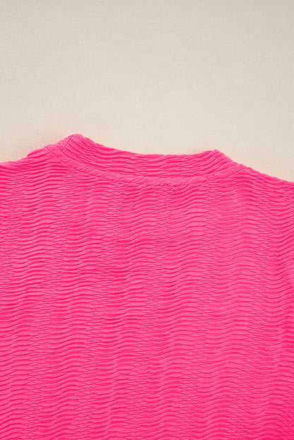 Strawberry Pink Solid Color Textured Puff Sleeve T Shirt