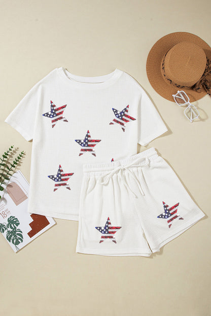 Star Spangled Sequin White Waffle Knit Shorts Set