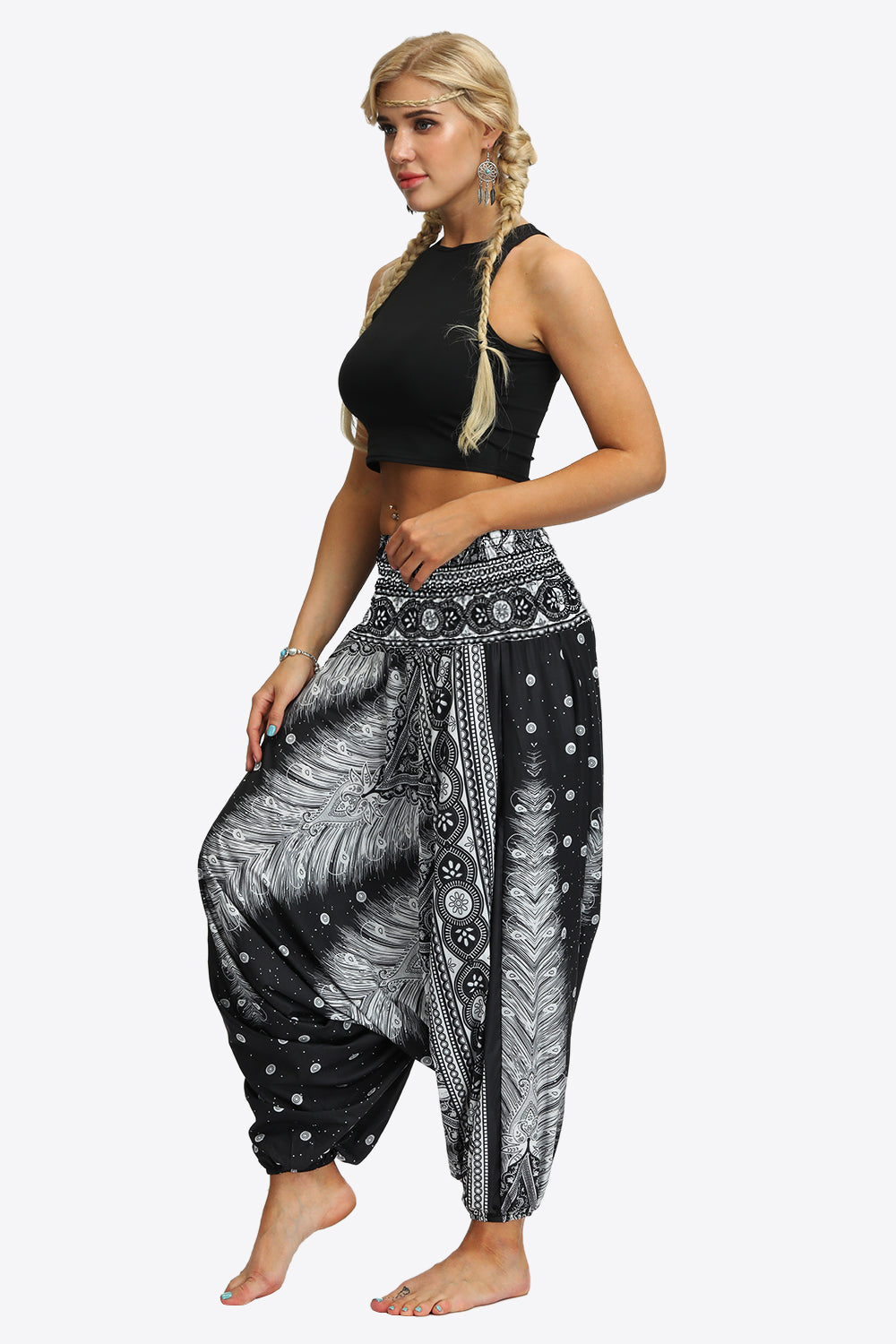 Printed Smocked Waist Harem Pants