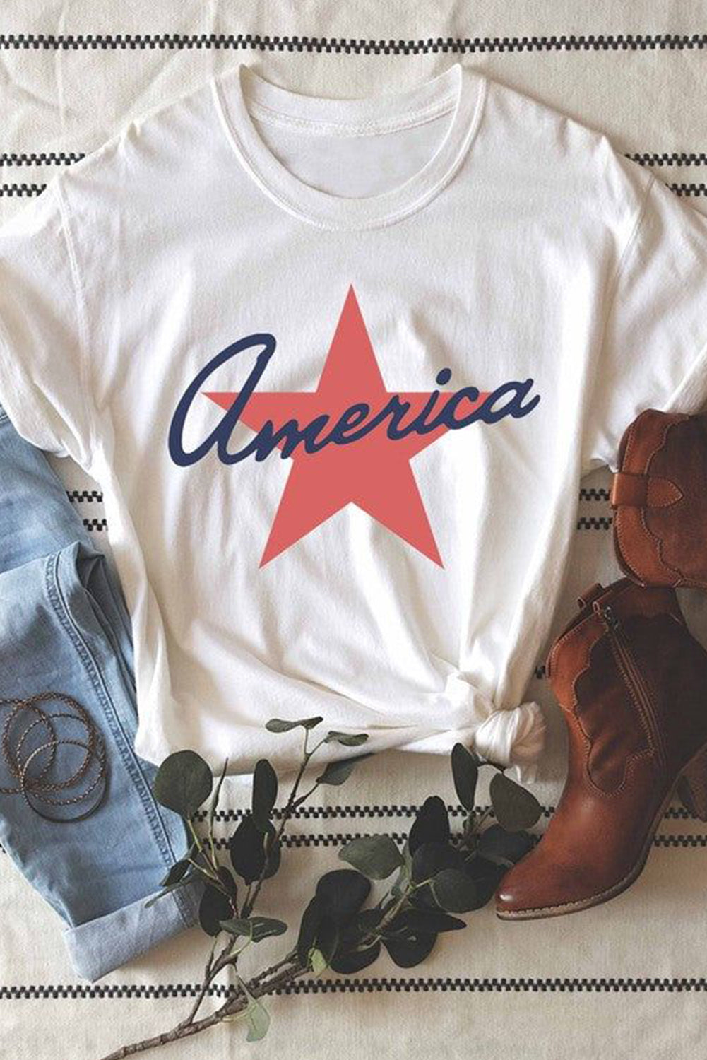 White America Star Shape Print O Neck Loose Fit T Shirt