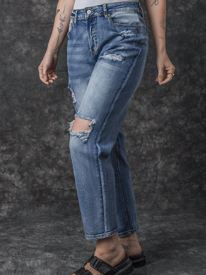 High Waist Ripped Raw Edge Comfort Loose Pants