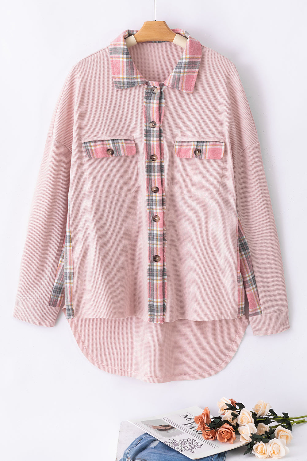 Apricot Pink Plaid Raw Edge High Low Waffle Knit Oversized Shacket