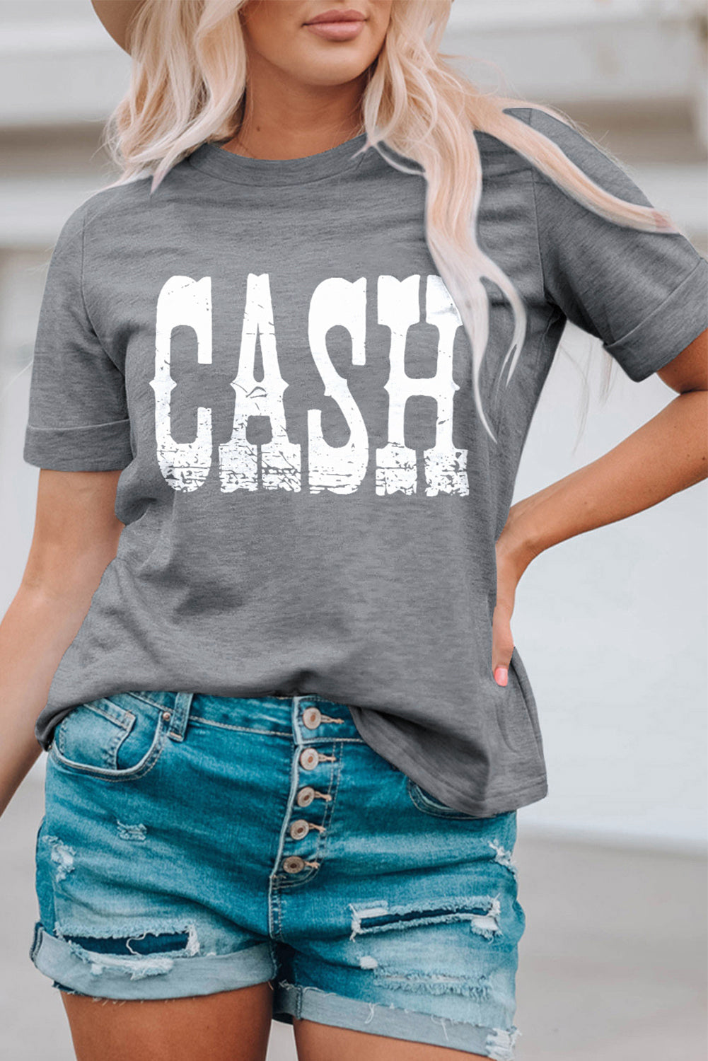 Gray CASH Letter Print T Shirt