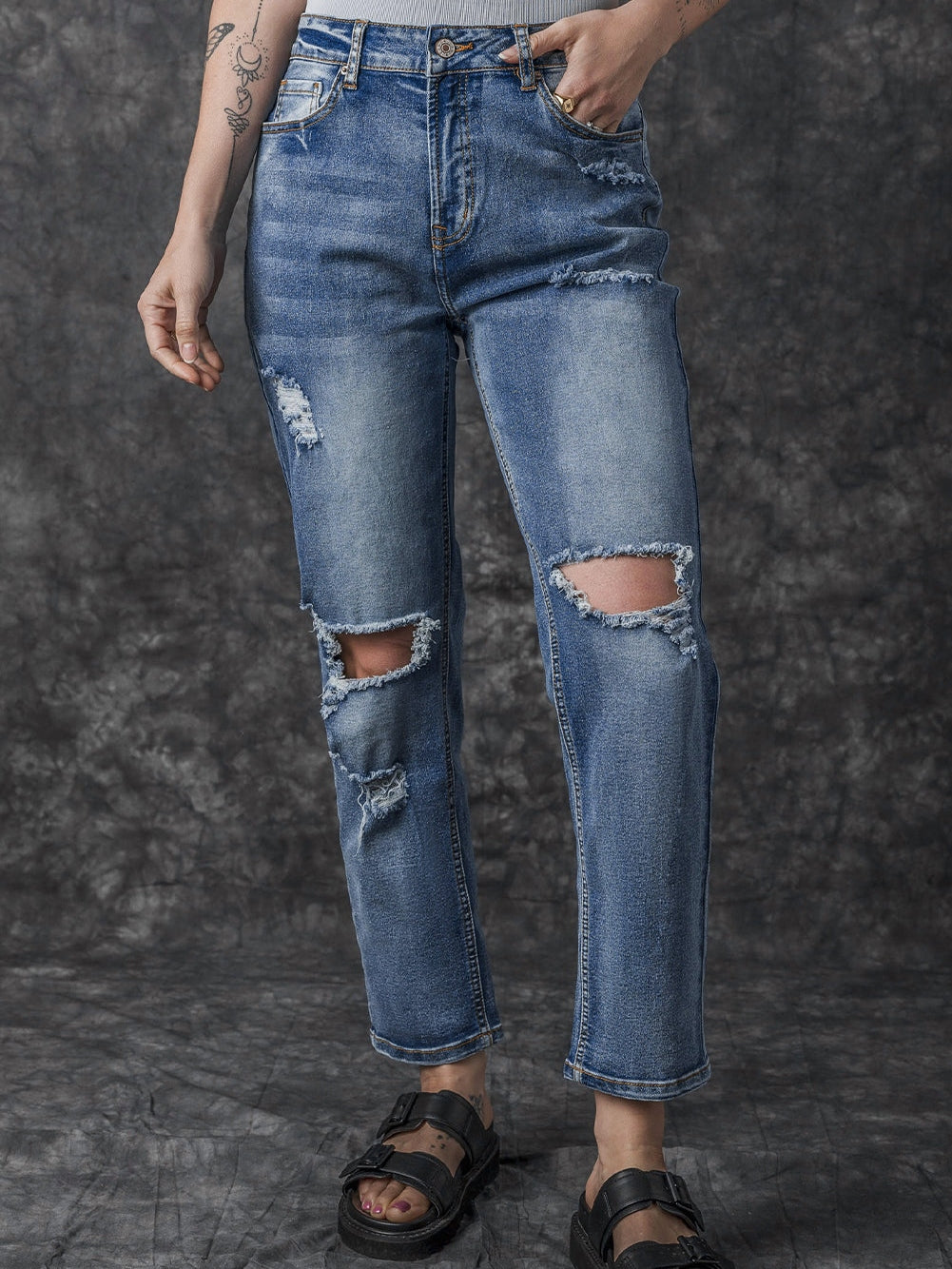 High Waist Ripped Raw Edge Comfort Loose Pants