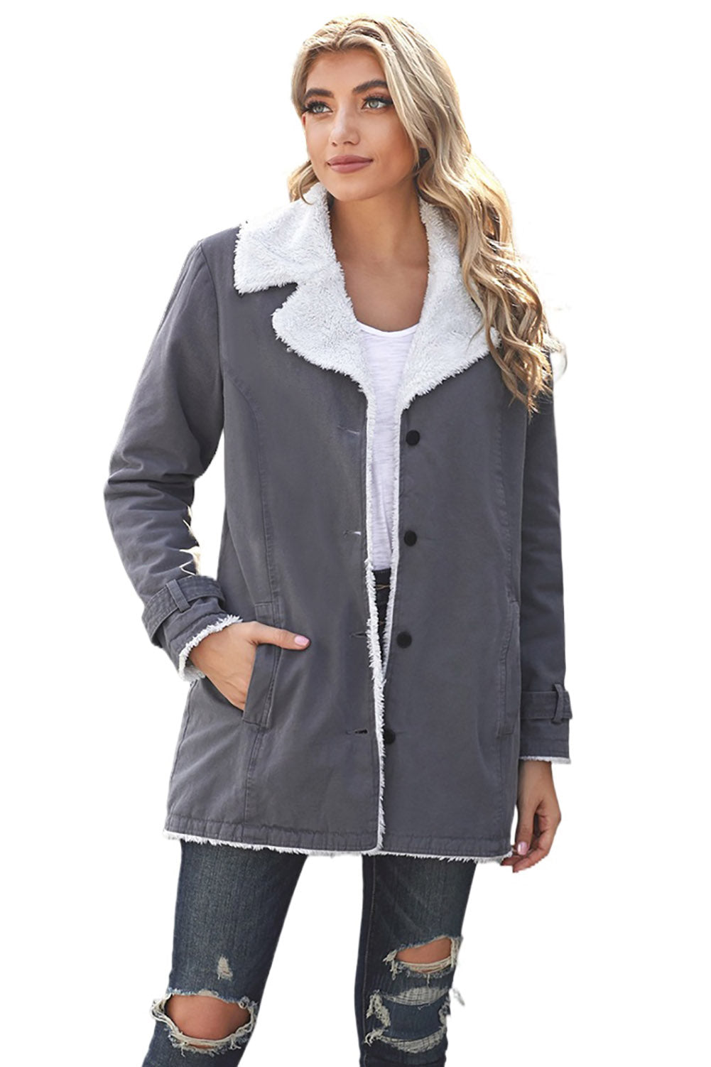 Gray Lapel Collar Button Fleece Jacket