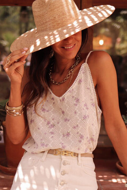 White Flower Embroidered Lace Crochet V Neck Tank Top