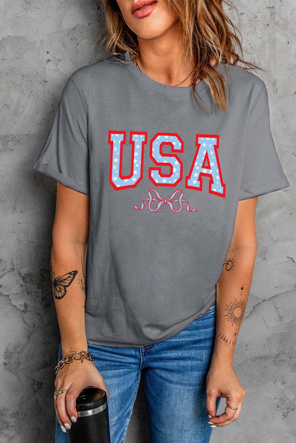 Gray USA Star Bow Knot Print Crew Neck T Shirt