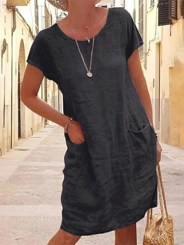 Womenâ€˜s Shift Dress Knee Length Dress Short Sleeve Pure Color Pocket Spring Summer Crew Neck Basic Casual Classic Loose 2023 S M L XL 2XL 3XL 4XL 5XL / Cotton - LuckyFash™